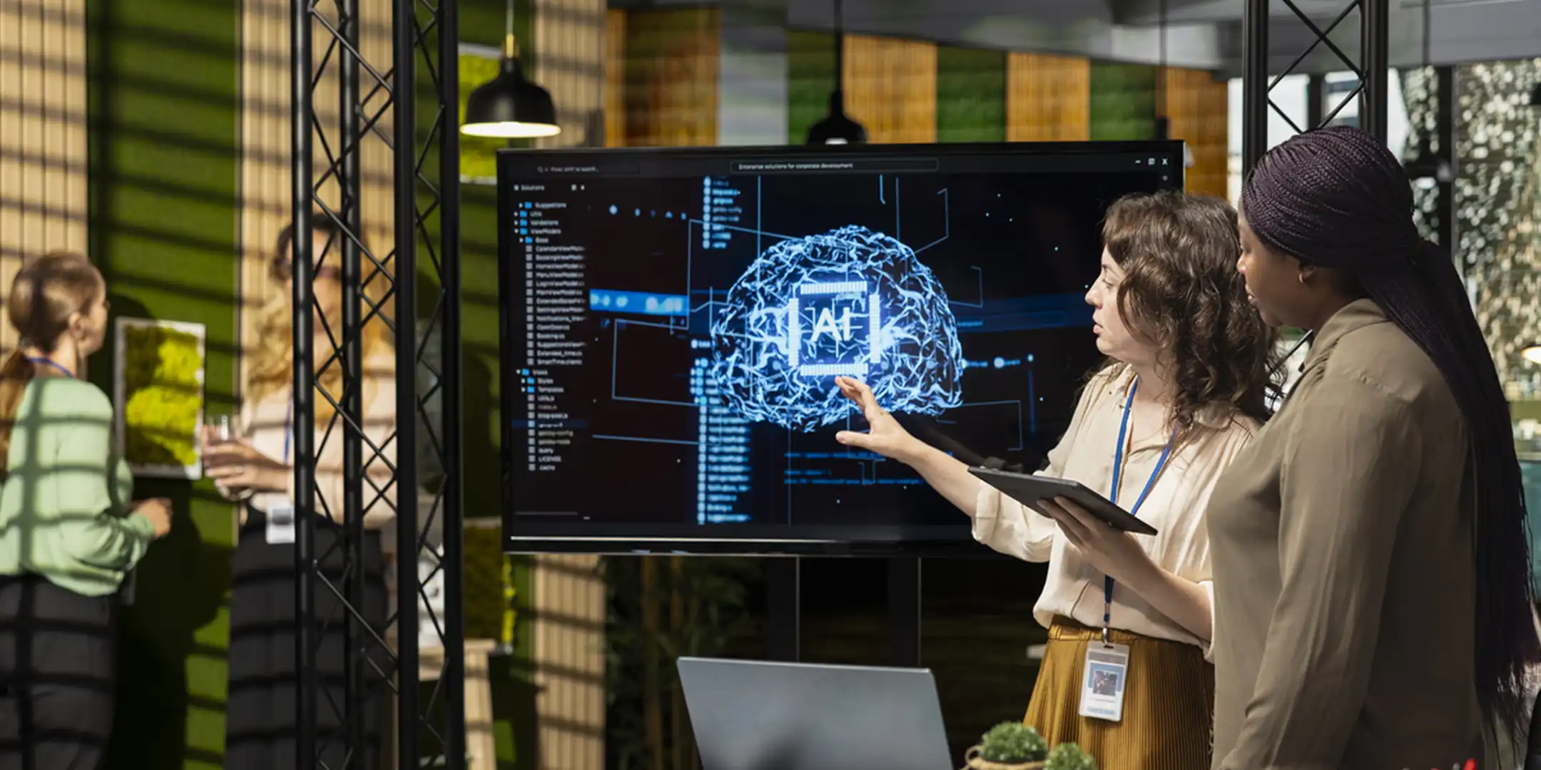 Photo of diverse team of people standing in an office setting leveraging deep learning with big data algorithms